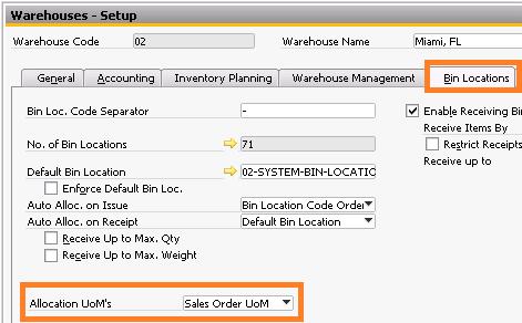 WMS Added Fields Bin Location Tab Allocation UoM s This setting specifies which UoM s WMS can use when allocating