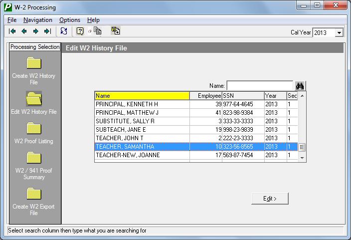 Edit W2 History File To edit the W2 history file that you just created, select the Edit W2 History File folder. A listing of employees displays in the browser on the right-hand side of the window.