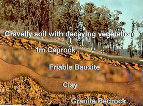 The caprock is fractured or blasted, and the bauxite (usually quite friable) is removed by excavators.