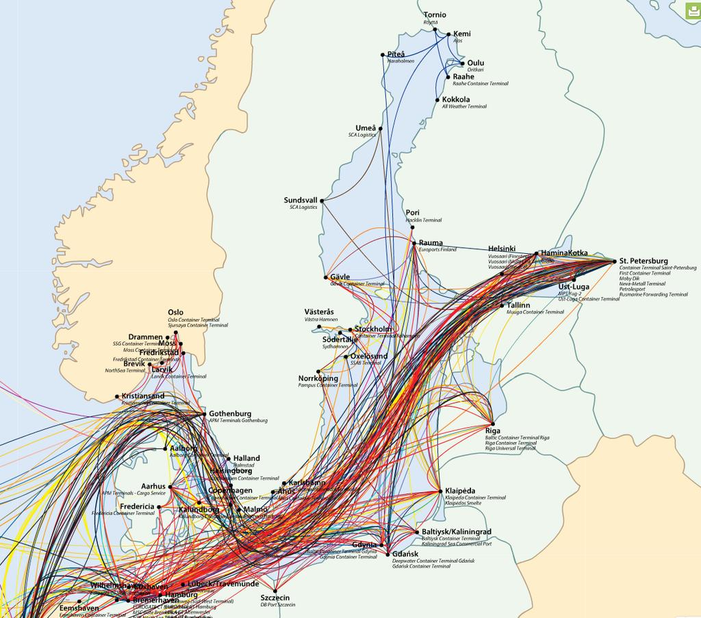 Fig. 10: Container shipping in the Baltic Sea Source: Baltic Transport Maps 14 The Baltic Sea is highly frequented as a result of intensifying trade between the Baltic Sea regions as well as regions,