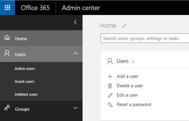 Managing Users and Licenses Users management takes place in Office 365 admin center You can add, delete, edit, users. You can even manage roles and licenses per user.