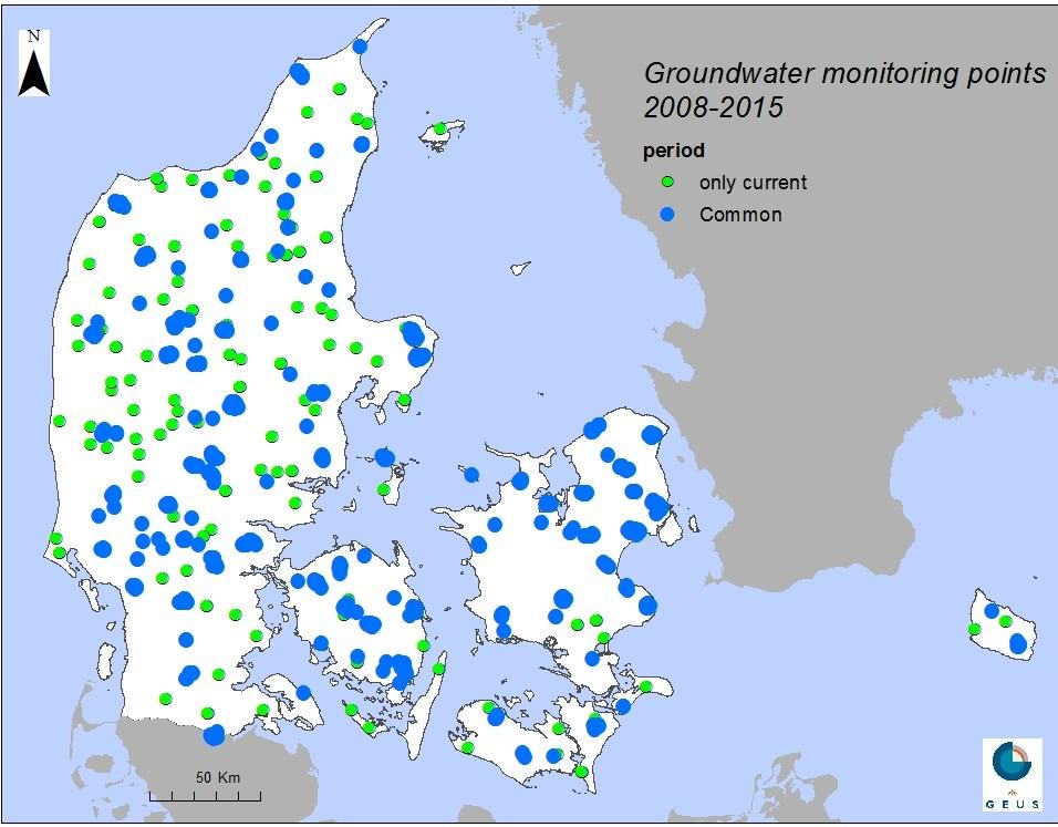 Figure 3.23 The location of the 1002 common groundwater monitoring wells in Denmark covering the period 2008-2015.