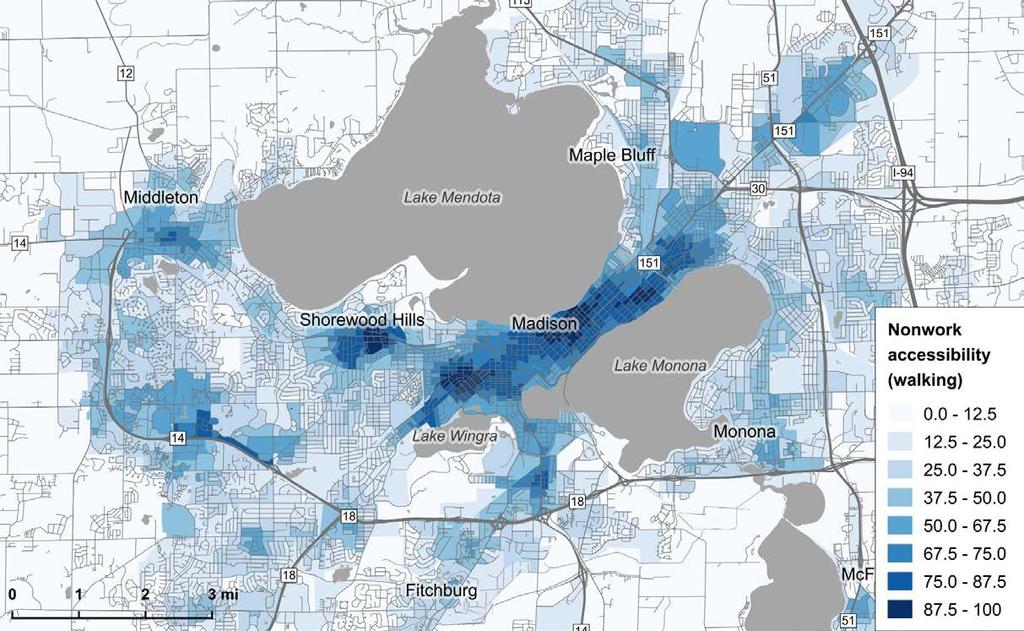 Madison: Nonwork accessibility (walk) Destination Types Target Weight Restaurants, coffee shops, bars, pubs, wineries, and night life 8 40 General retail, book stores, and department stores 4 15