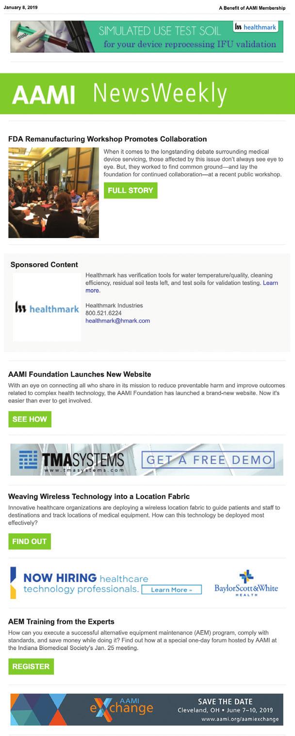 Electronic Newsletters Get the latest news with AAMI s e-newsletters: AAMI NewsWeekly AAMI Exchange Daily (annual conference only) BI&T Digest NEW! Career Connection Industry Insights NEW!