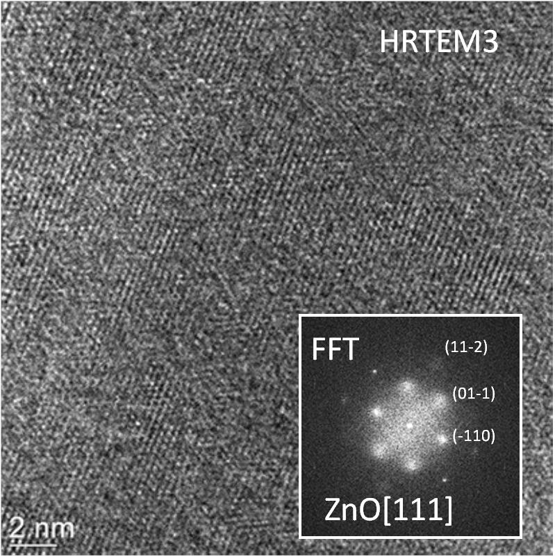 S7 HRTEM image and corresponding indexed FFT of other hexagonal ZnO crystal with [111]