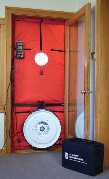 ) A house is usually tested by carrying out a door blower test: door blower test (also known as: air tightness test or pressurisation test or permeability test) the test: install
