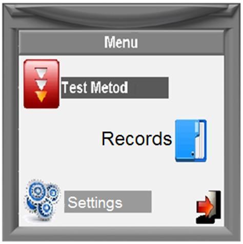 Choose required test method from TEST METHOD menu. Apply pre-load until bargraph reaches %100 using rotating arms of elevating spindle.