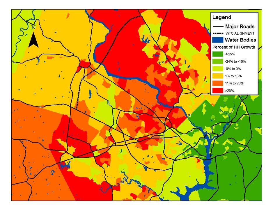 October 2002 page 18 Figure 6: Household Shift: WTC from No Build LAND USE SHIFTS CAUSE TRAVEL SHIFTS Following the forecasted shift in land use to the suburbs from the core areas, there also is a