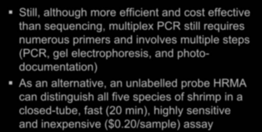 Still, although more efficient and cost effective than sequencing, multiplex PCR still requires numerous primers and involves multiple steps (PCR, gel electrophoresis, and