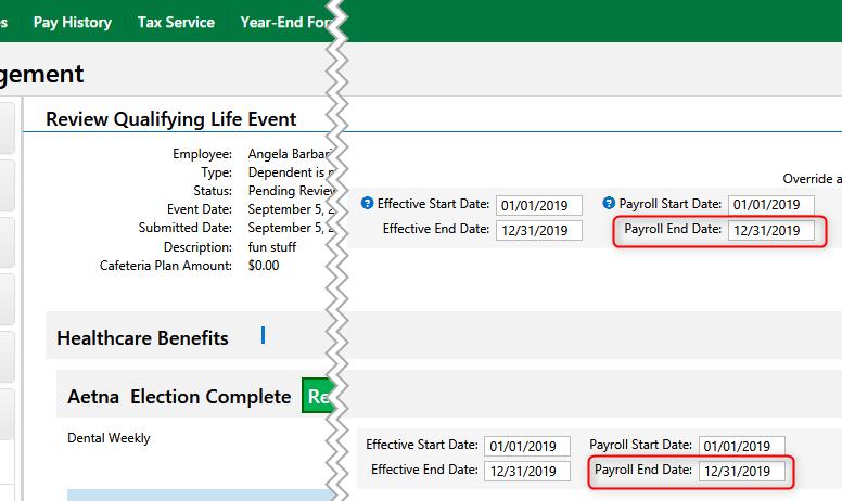 When approving elections in the Qualifying Life Event and New Hire Event screen, you will still set the Effective dates and the Payroll dates for the elections.