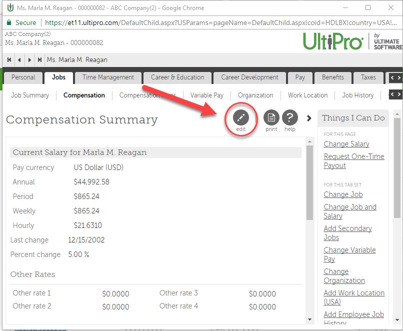 Hours Change Click on the EDIT button (upper right) The Change Salary screen appears. Complete the necessary fields: o Effective Date: Enter the effective date of the Hours Change.