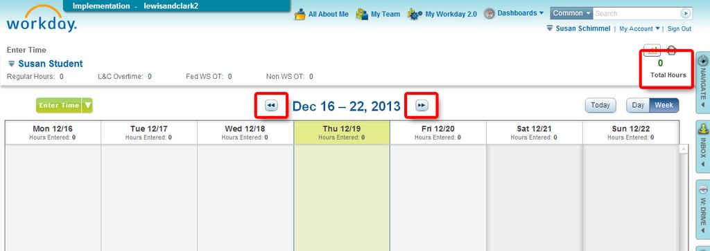 Use the arrows on either side of the date range to navigate between weekly timesheets.