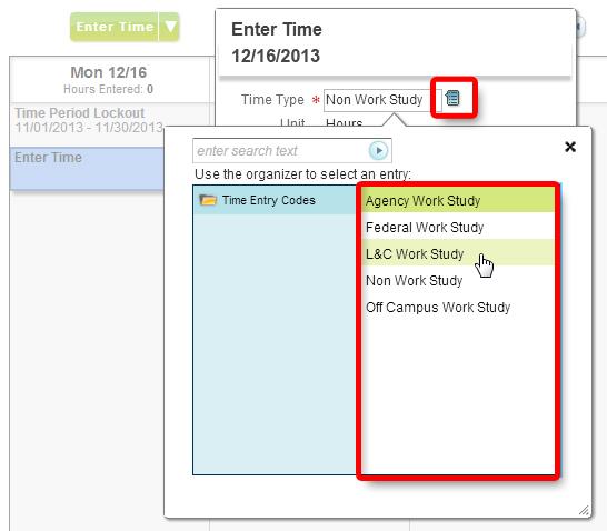 5. To enter hours into the timesheet calendar, click in the desired day column, then click the Enter Time box: 6.