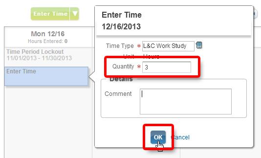 7. Enter the total hours for the day in the Quantity field, then click OK to close the
