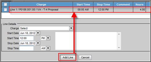 Click the Add Line button to populate the Start and Stop Time details for