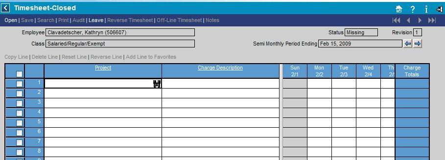 Entering Daily Time Other Timesheet Functions Print Used to print a timesheet, cell comments report or a revision audit detail report.