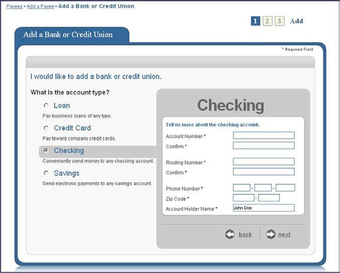 Third, the business user can select the Checking: Conveniently send money to any checking account option.