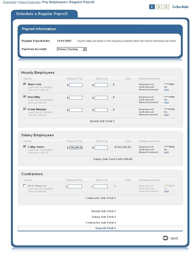 When the business user selects the Pay Employees feature, they will be presented with this dropdown menu of choices: Regular Pay Day and Extra Pay Day. Let s first look at the Regular Pay Day feature.