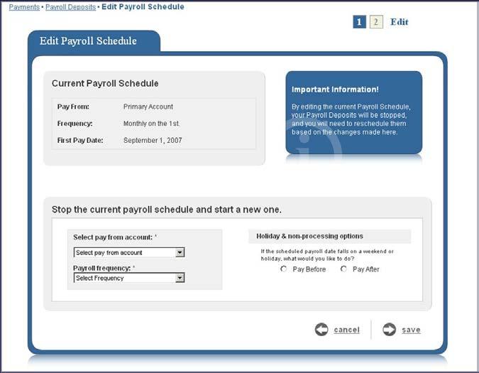 When selecting the Edit Payroll Schedule feature, the business user will be diverted to this screen.