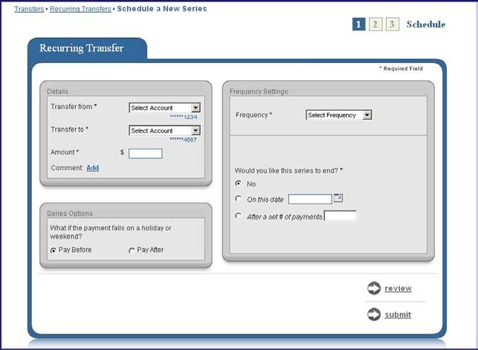 When selecting the Recurring Transfer feature, the business user will be diverted to this screen.