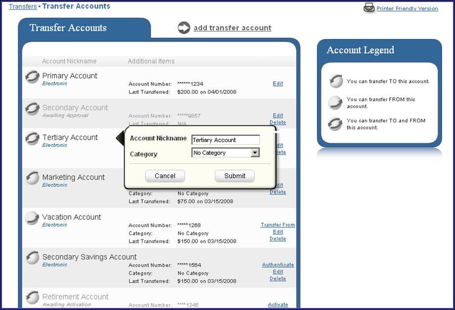 In addition, the business user can utilize the Account Legend on the right side of this screen to recognize the type of transfer account that they are dealing with.