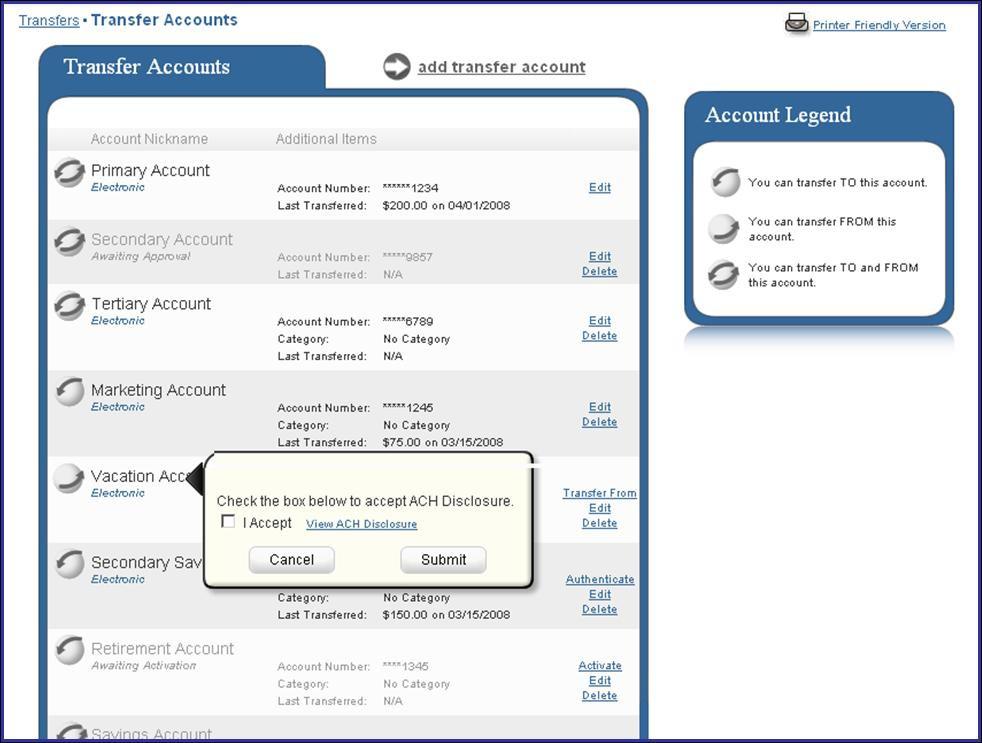The user will be given the option to delete the transfer account and stop the associated transactions, or delete the