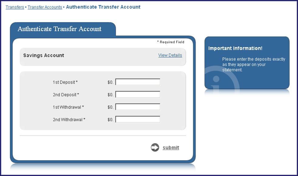 After accepting the ACH disclosure statement, the business user will need to enter accurate deposit and withdrawal information to complete the Inbound Transfer authentication.