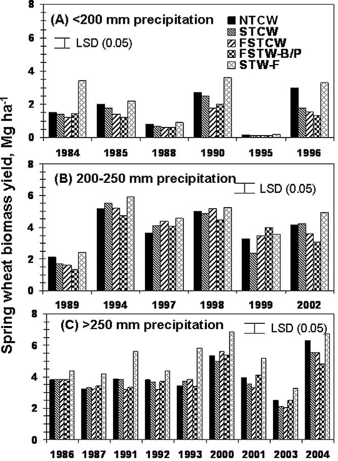 Fig. 2. Effect of tillage and cropping sequence combination on spring wheat biomass (stems + leaves) yields from 1994 to 2004 at the experimental site, 11 km north of Culbertson, MT.