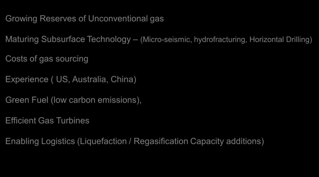 Rise of Optimism for gas based generation Growing Reserves of Unconventional gas Maturing Subsurface Technology (Micro-seismic, hydrofracturing, Horizontal Drilling) Costs of