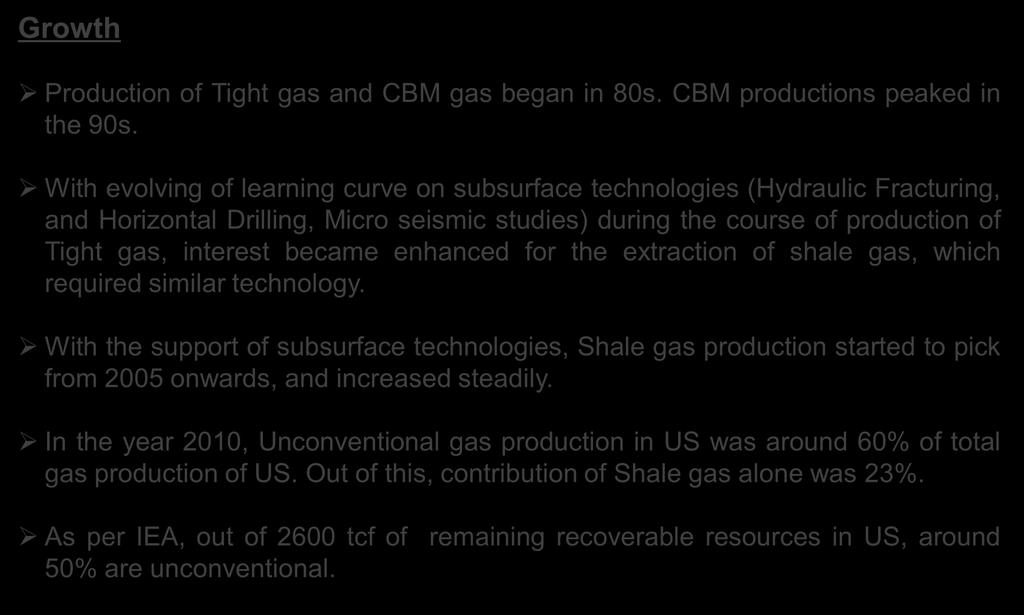 Emergence of Unconventional Gas in US Growth Production of Tight gas and CBM gas began in 80s. CBM productions peaked in the 90s.