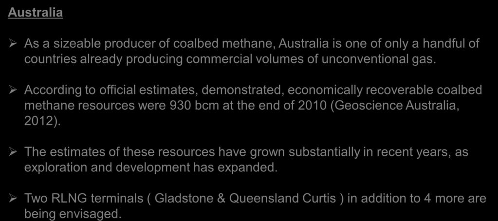 Emergence of Unconventional Gas Australia As a sizeable producer of coalbed methane, Australia is one of only a handful of countries already producing commercial volumes of unconventional gas.