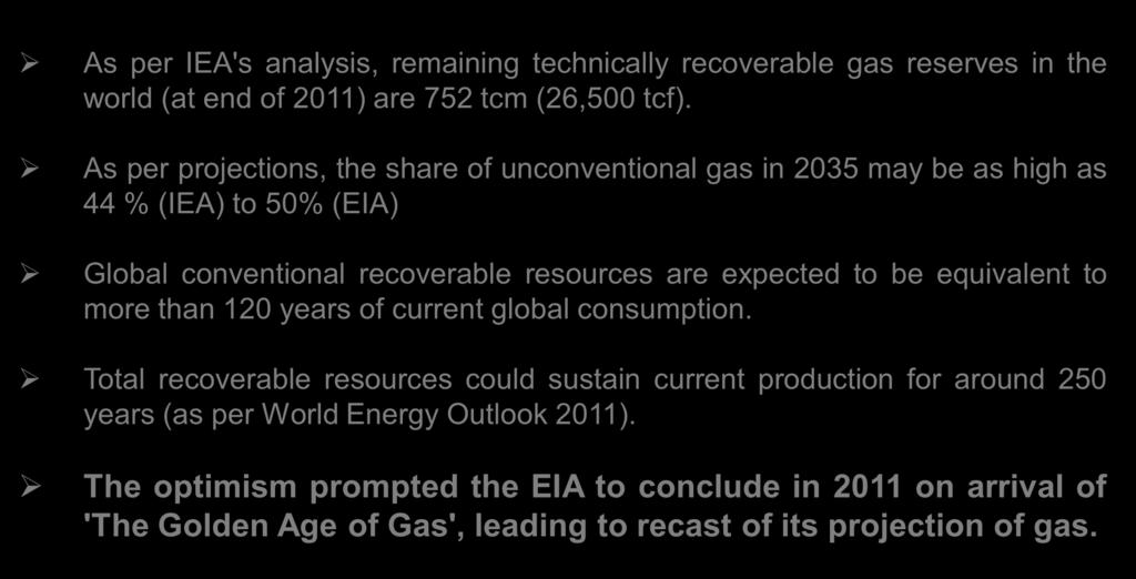 Gas as a Energy Resource As per IEA's analysis, remaining technically recoverable gas reserves in the world (at end of 2011) are 752 tcm (26,500 tcf).