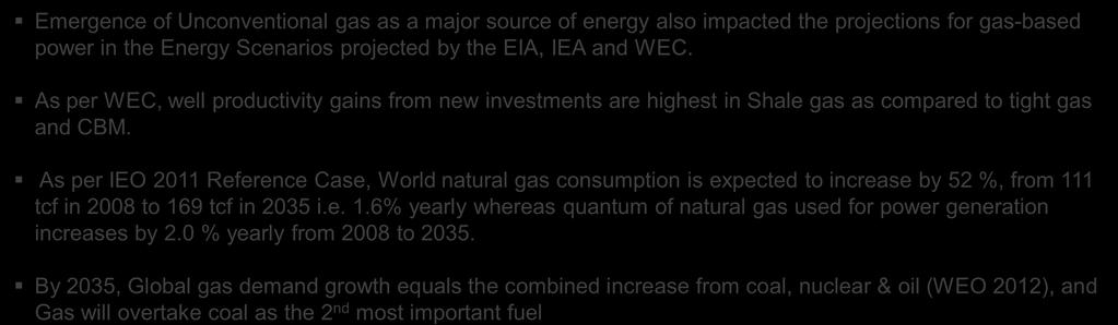 As per IEO 2011 Reference Case, World natural gas consumption is expected to increase by 52 %, from 111 tcf in 2008 to 169 tcf in 2035 i.e. 1.6% yearly whereas quantum of natural gas used for power generation increases by 2.