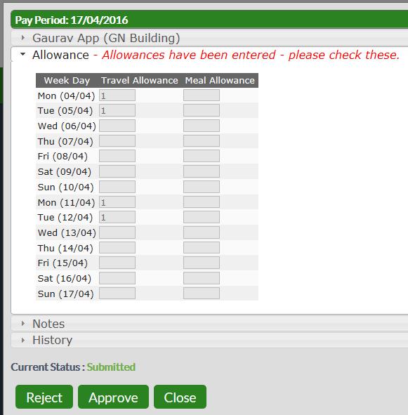 Where Allowances and Notes have been entered they can be viewed by clicking on the expand the drop down window.