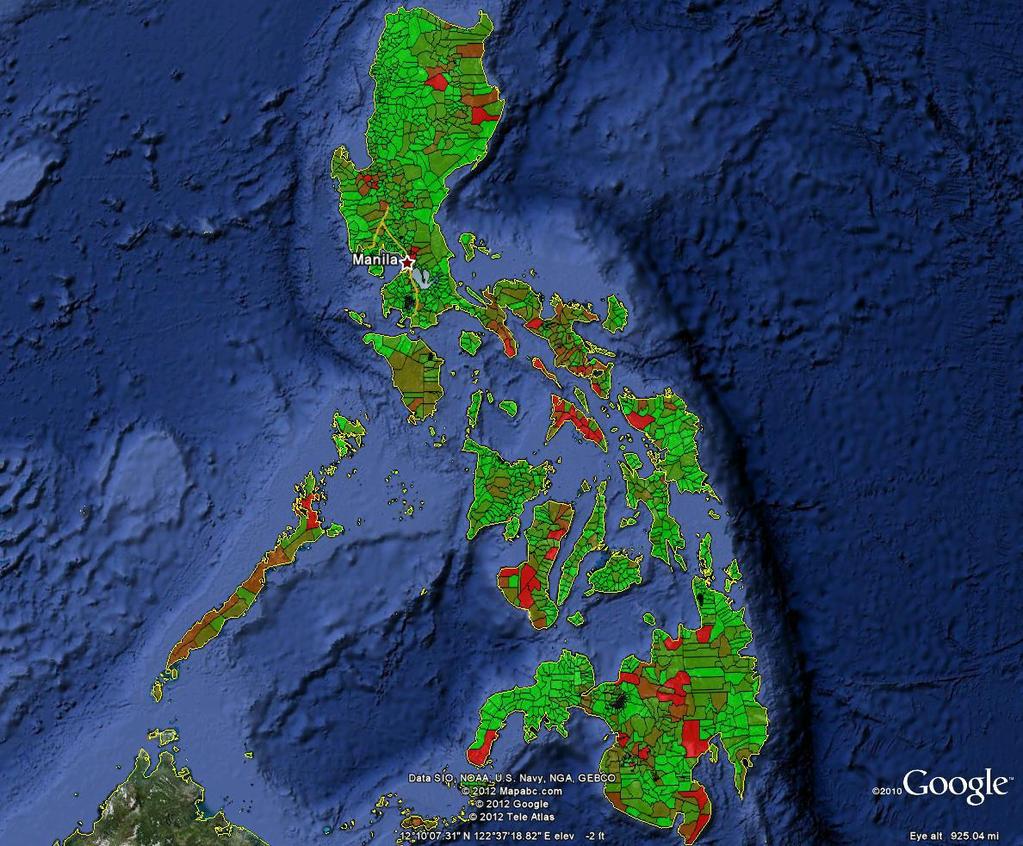 Philippines: Red areas with high % of extreme poor households These are roughly overlapping with areas with