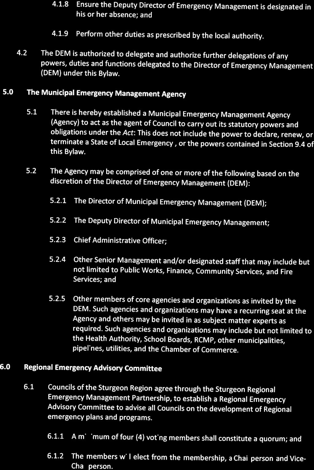 TWN F MRINVI LIE MRINVI LIE EMERGENCY MANAGEMENT BYLAW Page 4 4.1.8 Ensure the Deputy Director of Emergency Management is designated in his or her absence; and 4.1.9 Perform other duties as prescribed by the local authority.