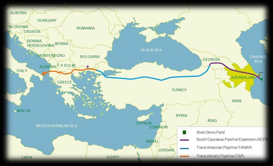 Pipeline gas via the Southern Corridor Source: BP Southern corridor (PCI status, 2015): TAP + TANAP + South Caucasus pipeline TANAP legal/regulatory framework (non-eu/non-enct): Turkish-Azeri IGA &