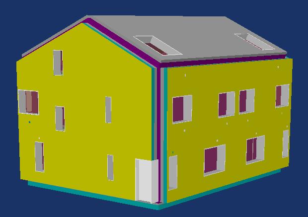 Left: photo of four identical semi-detached houses in Stockholm; Right: simulation model frame of the houses in the IDA ICE software Energy balance calculation in monthly steady condition by Excel