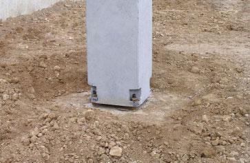 foundations, or between precast concrete columns. The system consists of column shoes and anchor bolts.