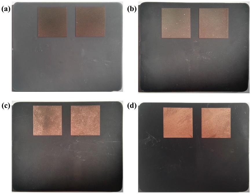 Figure S11. Corresponding large squares (2 cm 2 cm) of ABS/CuO Cr 2 O 3 composites plates with different content of CuO Cr 2 O 3 after NIR laser activation and 30 min electroless copper plating.