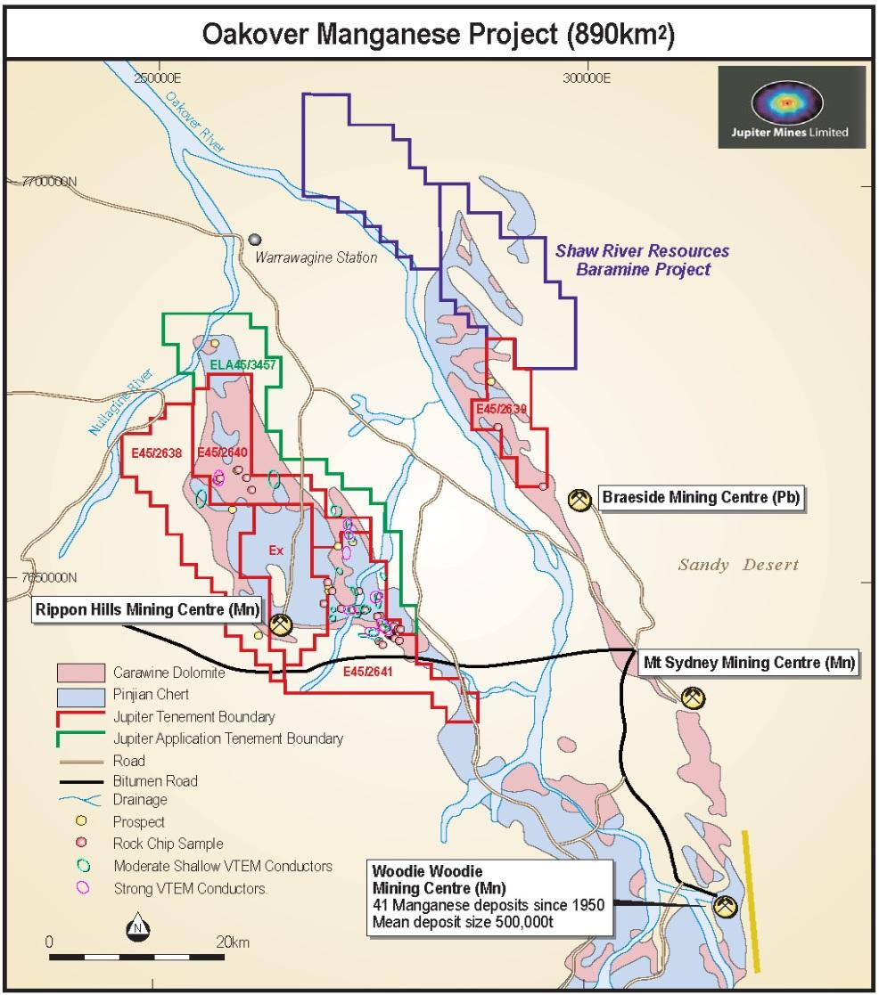 Jupiter s Western Australian Manganese Asset Oakover Five exploration licences, 890km 2. 60km north of the Woodie Woodie manganese mine (Consolidated Minerals).