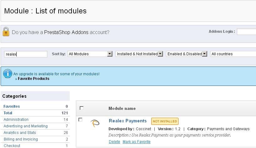 3.2 Installing the Realex Payments modules from the core In versions of PrestaShop 1.