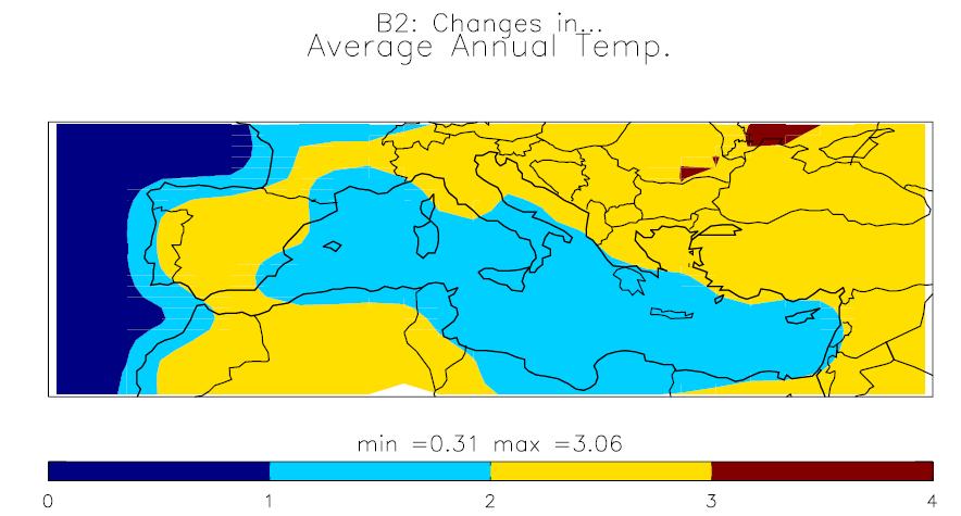 temperature rise IPCC SRES A2 and B2