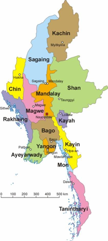 Myanmar at a Glance Land Area international borders Largest country on the mainland of South East Asia (The World: 40) 676577 sq.