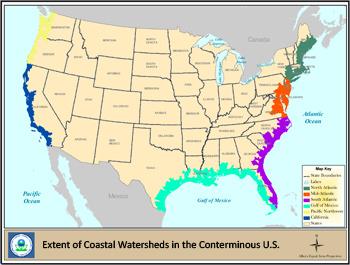 View Larger Map As seen on the map (left), coastal watersheds can extend many miles inland from the coast.