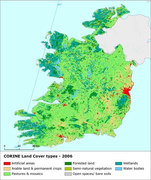 Land cover 2006 Overview of land cover & change The Irish landscape (dominated by pastures and peatlands) shows to be less dynamic during this period as average yearly land cover change rate