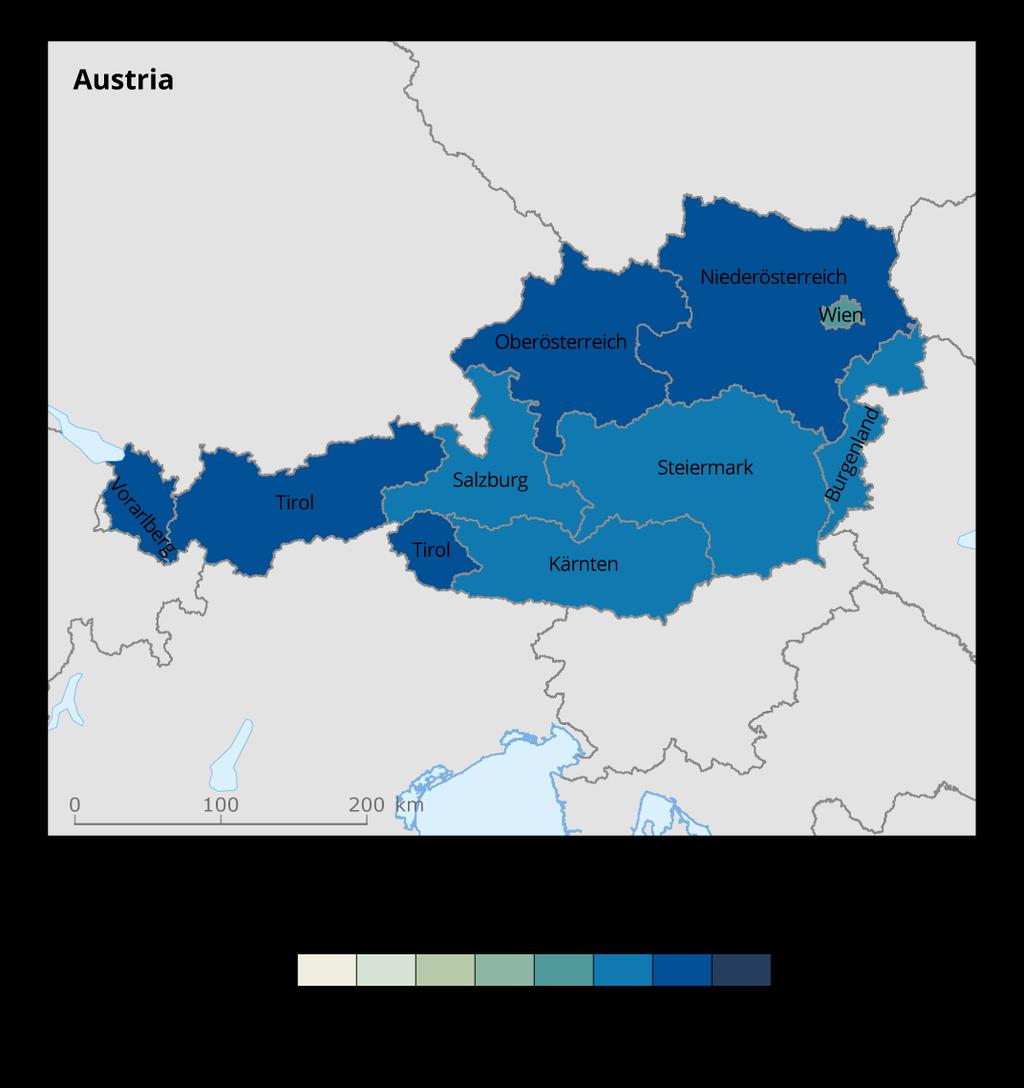 Figure 2.3 Austria, regional differences in municipal waste recycling, 2013, per cent Source: Eurostat, 2015a.