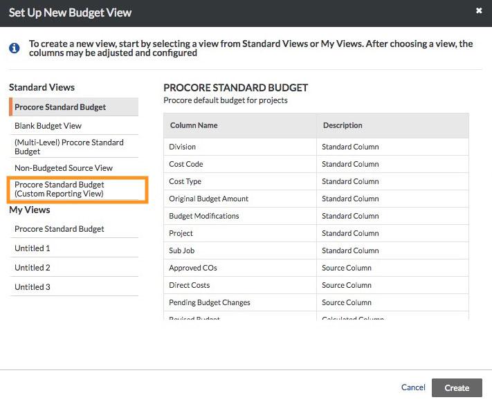 3. Click the Set Up New Budget View button. The Set Up New Budget View screen appears. 4. Select Procore Standard Budget (Custom Reporting View), and then click Create.