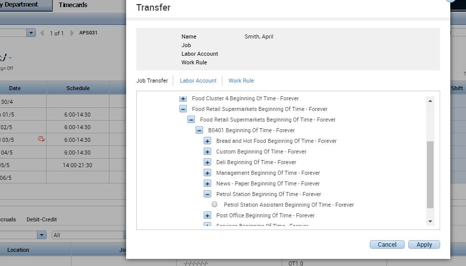 Transferring Colleagues Using the Transfer Field 1. Navigate to the colleague s timecard 2. On the relevant day, click into the Transfer field.