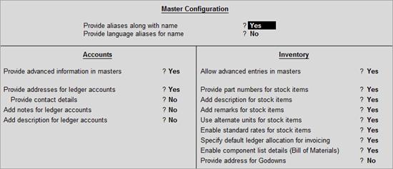 2. Enable the option Provide language aliases for names? to enter the Alias names in any of the Indic Languages in the Master. 3. Enable the option Provide addresses for ledger accounts?